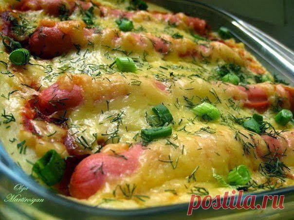 картошка запеченая с сыром и сосиской