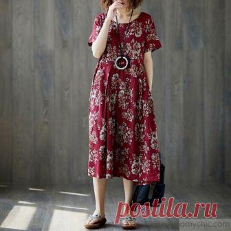 Тонкий хлопок льняное платье крупногабаритный Женщины Летний красный короткий рукав Цветочные повседневное длинное платье