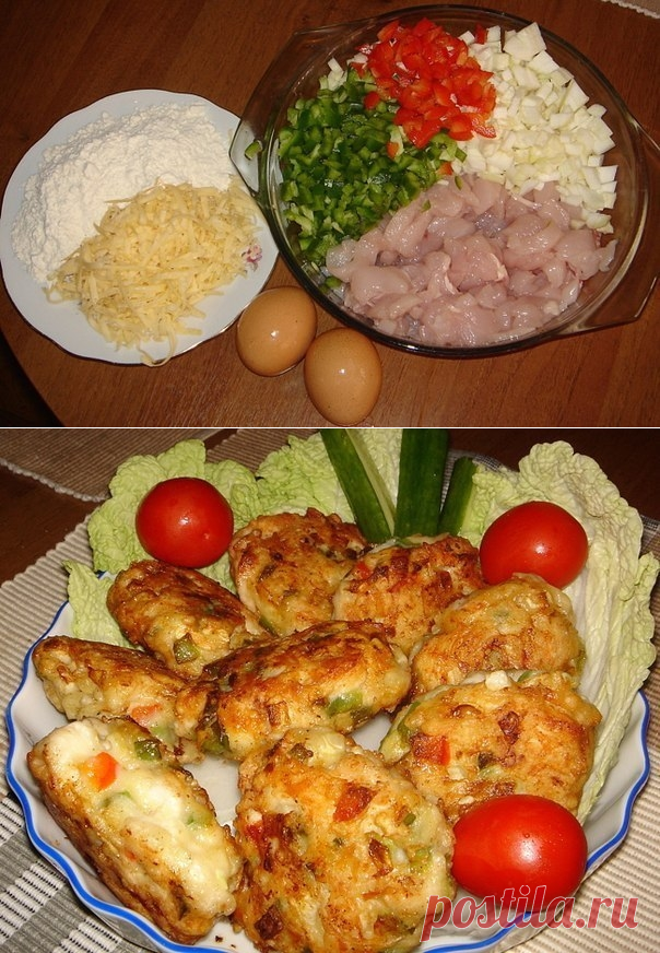 Рецепт очень вкусных и полезных котлет из куриного мяса с овощами и сыром.