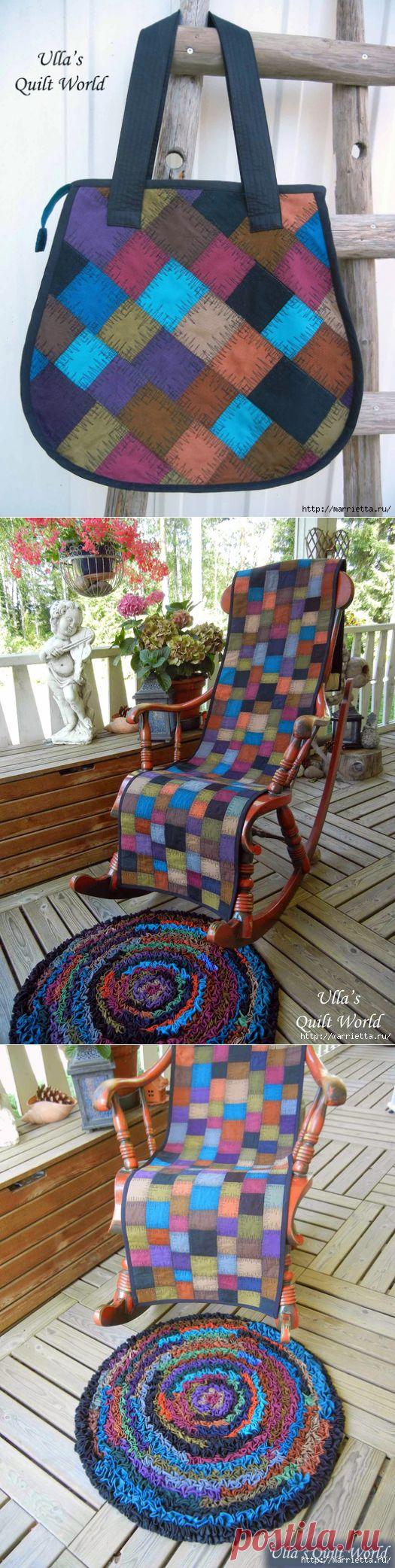 Накидка для кресла, коврик и сумочка из разноцветных лоскутков | Самоделкино