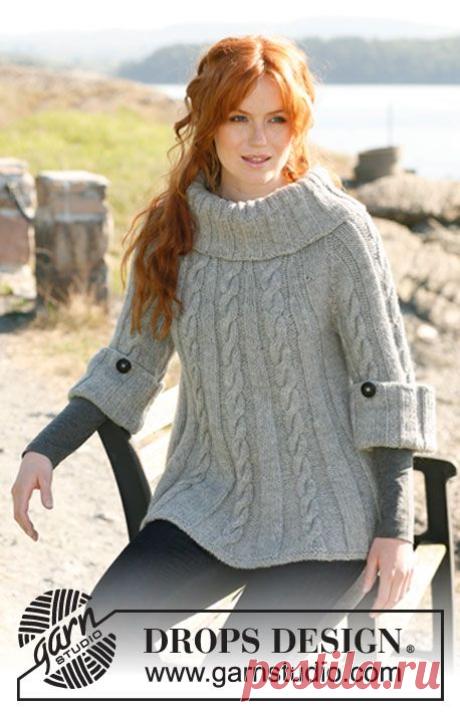 Sweter lub tunika DROPS z warkoczami, rękawami ¾ i dużym szerokim kołnierzem, z włóczki „Nepal”. Od XS do XXXL. ~ DROPS Design