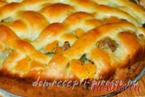 Дрожжевой пирог с тыквой, мясным фаршем и солеными огурцами Дрожжевой пирог с тыквой, мясным фаршем, консервированными огурцами, луком и специями - пошаговый подробный рецепт домашнего пирога