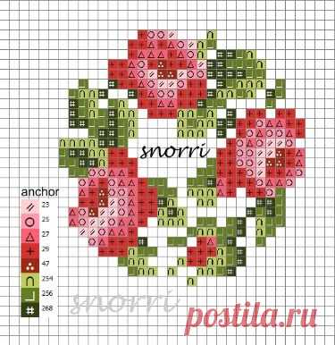 a cross stitch pattern with the words snow written on it and red flowers in the middle