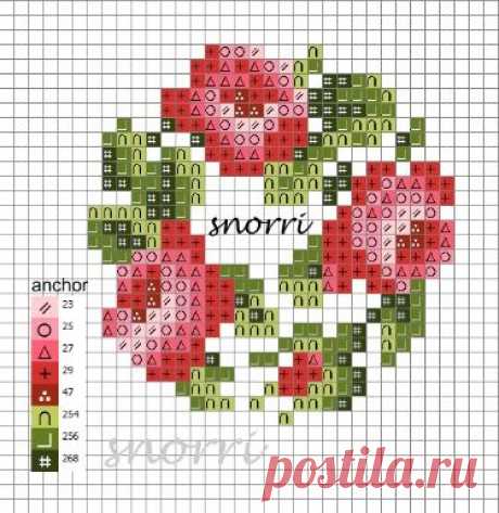 a cross stitch pattern with the words snow written on it and red flowers in the middle