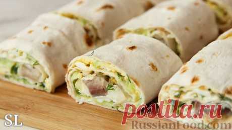 Рецепт: Рулеты из лаваша с соленой рыбой и свежими огурцами на RussianFood.com