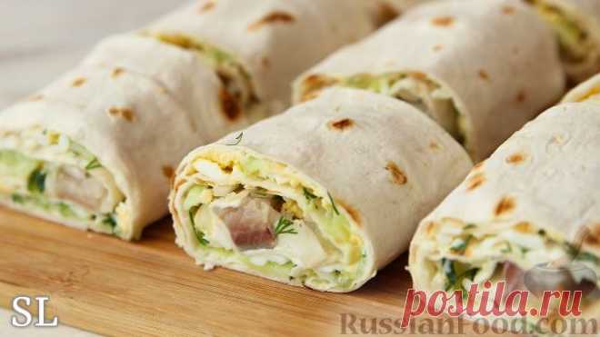 Рецепт: Рулеты из лаваша с соленой рыбой и свежими огурцами на RussianFood.com