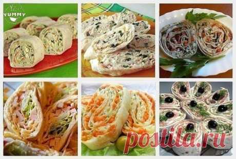 20 САМЫХ ВКУСНЫХ НАЧИНОК для рулета из лаваша!
1. Упаковка крабовых палочек, пара зубчиков чеснока, вареное яйцо, тертый сыр, зелень, майонез.
2. Пачка творога, соль, зелень, пара зубчиков чеснока, несколько ложек майонеза.
3. Пачка творога, соль, зелень, пара зубчиков чеснока, тертый сыр, кусочки соленого огурца.
4. Жареные с луком шампиньоны, зелень и упаковка (200 гр.) плавленного сыра - подойдет янтарь, дружба, сливочный, виола. Можно для остроты добавить мелко покрошенных маринованных о