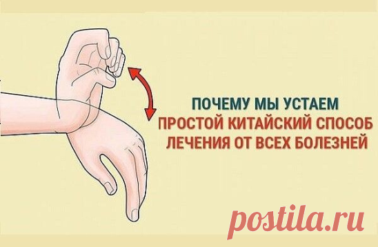 Простой китайский  способ лечения болезней

Почему мы устаем?
Потому что мы сидим и не двигаемся.
И когда мы сидим, происходит застой каналов.
Китайские врачи говорят, что когда у нас нет проблем с проходимостью меридианов и каналов, то у нас нет проблем с кровообращением и мы чувствуем себя хорошо.

У нас на руках есть шесть каналов.
Большой палец - это канал легких,
указательный палец - это толстый кишечник,
средний палец- это канал перикарда,
безымянный палец- это тройн...