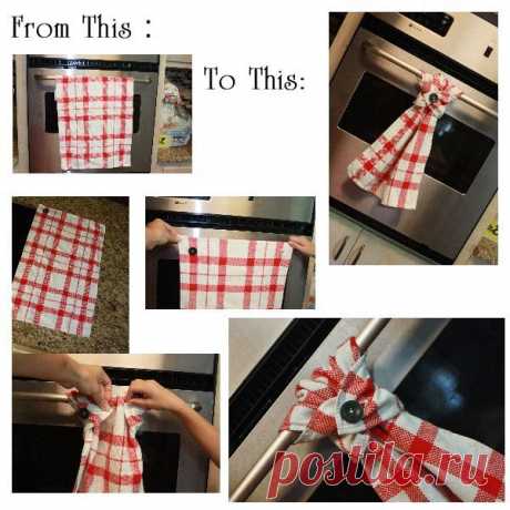 Regular Kitchen towel....on one end sew a button to one corner and a button hole to the other, loop over handle and button around towel! - MyKingList.com Regular Kitchen towel....on one end sew a button to one corner and a button hole to the other, loop over handle and button around towel!