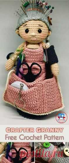 Crafter Granny [Free Crochet Pattern] The Amigurami Granny Doll is everything you need for organizing your craft tools. It is a scissors pocket, pin cushion and hook divider all in one... plus it has a bunch more useful nooks and crannies. #amigurumidoll #freecrochetpatterns #pincushion #yourcrochet #organizer #amigurumipattern #sewing