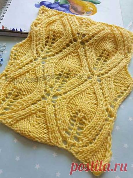 Красивый ажурный узор спицами Листики, схема узора + видео как связать