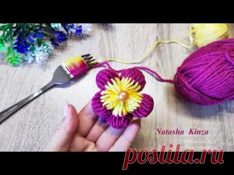 Цветок на вилке БЕЗ вязания! /knitted flower on a fork/knitting for beginners