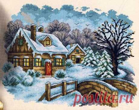 Зимняя картина крестиком Схема с домиками и мостиком.