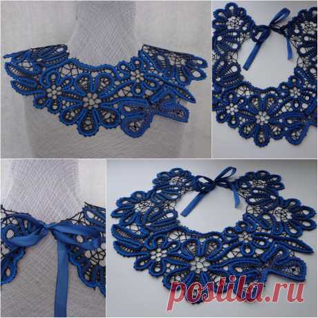 Воротник-жабо &quot;Лето&quot; кружевной сплётен  на коклюшках. Нитки- хлопок синего и чёрного цвета   Длина по обхвату-40см,ширина-10см