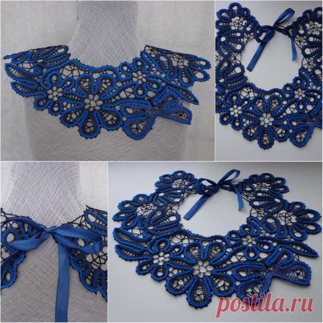 Воротник-жабо "Лето" кружевной сплётен  на коклюшках. Нитки- хлопок синего и чёрного цвета   Длина по обхвату-40см,ширина-10см