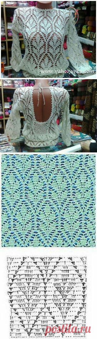 Кофточка с открытой спиной крючком. Схема ажурного узора листья для кофточки | Я Хозяйка