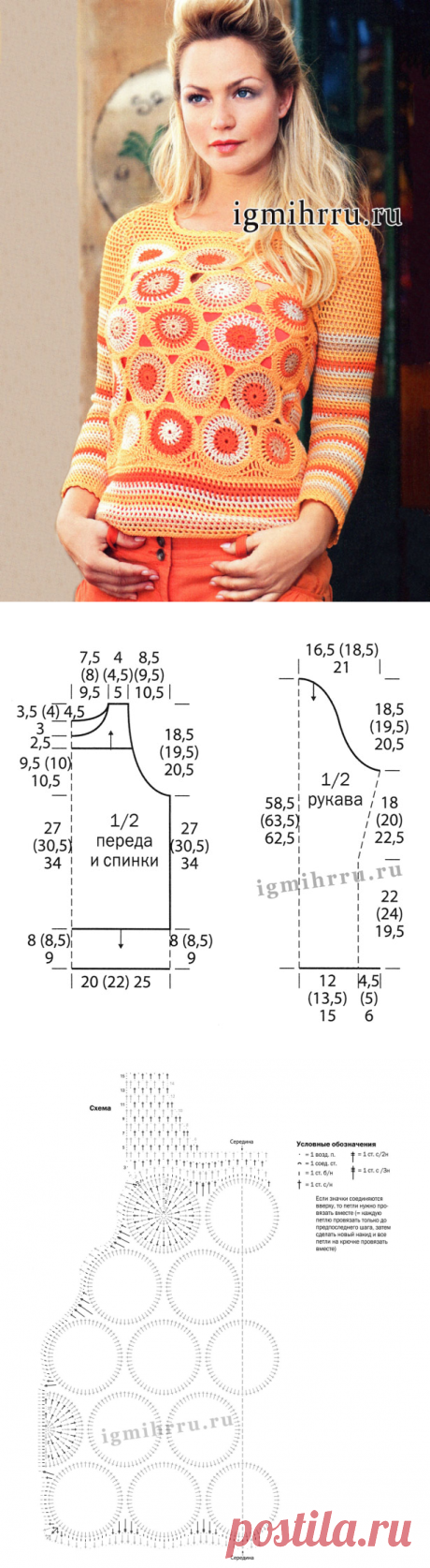 Яркий летний пуловер в стиле пэчворк. Вязание крючком
