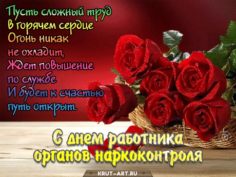Наркоконтроль — серьезный орган.
Работа ваша непроста,
Желаю в праздник вам, ребята,
Добра, сердечного тепла.