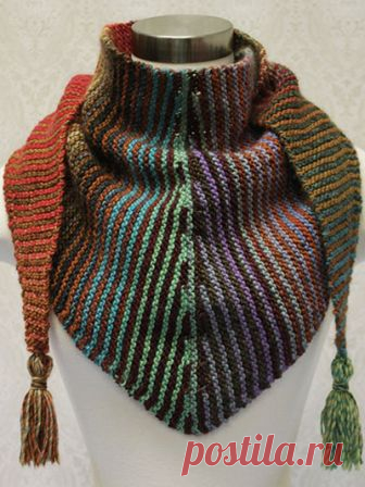 Stripes & Short Rows Design by Lena Skvagerson   Supplies Needed:   Plymouth Yarn Gina (worsted weight; 100% wool; 109 yds/50g per ball):   2 balls each green/teal/purple/red variegated #0012 (A) and red/green/copper variegated #0002 (B)    Size 8 (5mm) needles or size needed to obtain gauge  Cardboard (for tassels)