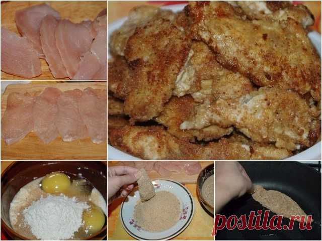 Вкусные отбивные из курицы в сырном кляре
Вкусное блюдо на обед или ужин.

Ингредиенты:
500 г куриного филе,
панировочные сухари,
150 г сыра твердого сорта,
2 куриных яйца,
100 мл сливок или молока,
4 ст. ложки просеянной муки,
соль, специи и молотый черный перец по вкусу.

Приготовление:
1. Филе порезать тонкими ломтиками. Что бы нарезка прошла легче, рекомендую мясо слегка подморозить.
2. Отбить филе с обеих сторон. Что бы отбивка мяса прошла более чисто, рекомендую отби...