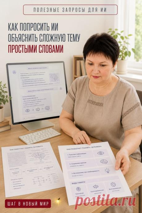 Если объяснение ИИ кажется слишком сложным, попросите объяснить эту же тему проще. Например: «Объясни простыми словами, без сложных терминов. Приведи понятный пример из обычной жизни». Если что-то осталось непонятным, можно попросить объяснить ещё раз. Так ИИ помогает разбираться в новых темах постепенно и в удобной форме. Сохраните этот пин, чтобы готовый запрос был под рукой, когда встретится сложная тема.