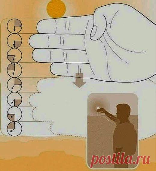 Если вытянуть руку так, чтобы солнце как бы лежало на указательном пальце, то количество пальцев до горизонта покажет количество оставшихся 15-минутных периодов времени до заката (для средней толщины пальцев)