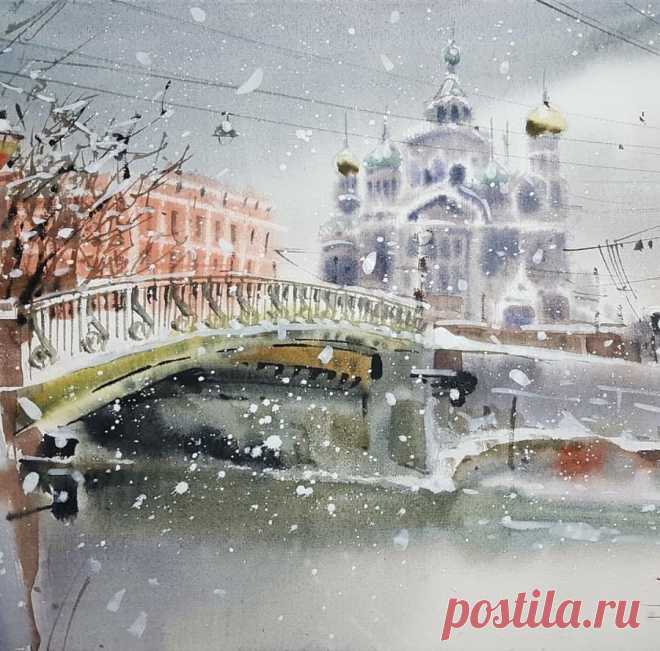 Зимняя круговерть. Акварель Марины Дайковской