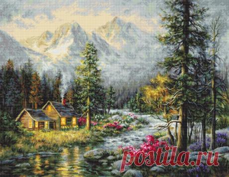 Cross Stitch Kit Chalet by a Mountain Stream Large | Etsy