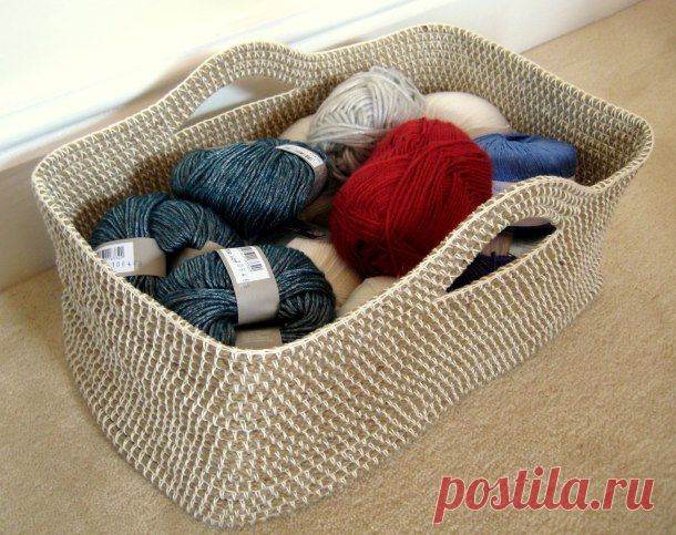 Корзина крючком из верёвки для рукоделия