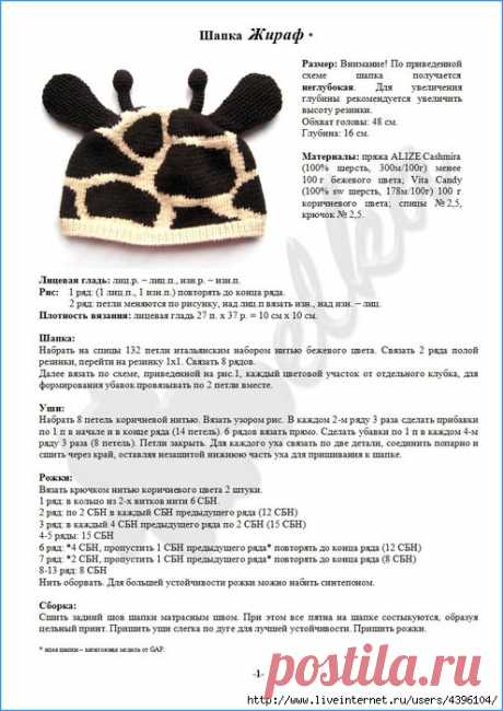 Шапочка Жираф от GAP. Схемы и описание составила belochka