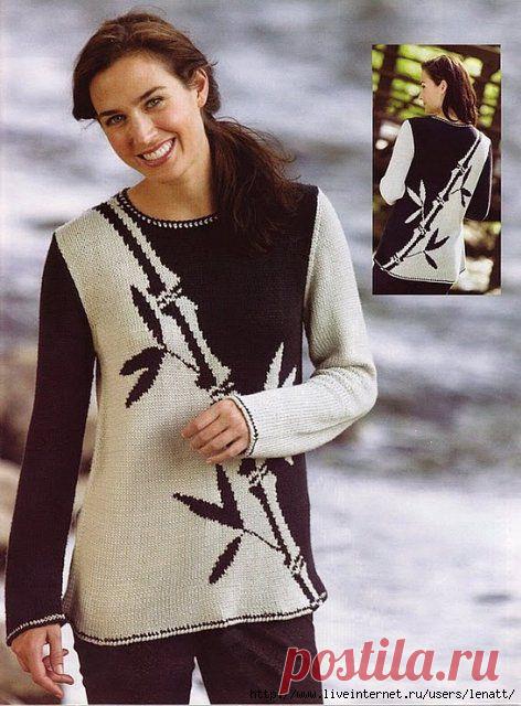 Спицы.Черно-белая кофта с орнаментом