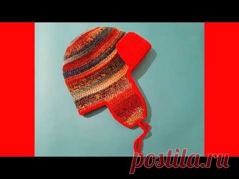 Шапка ушанка крючком. Crochet hat with earflaps.