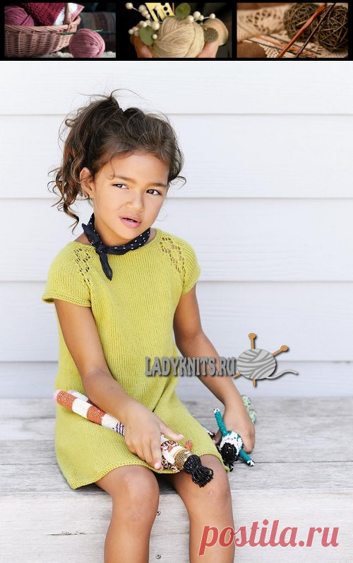 Вязаное спицами платье с ажурными линиями реглана для девочки от 2 до 12 лет