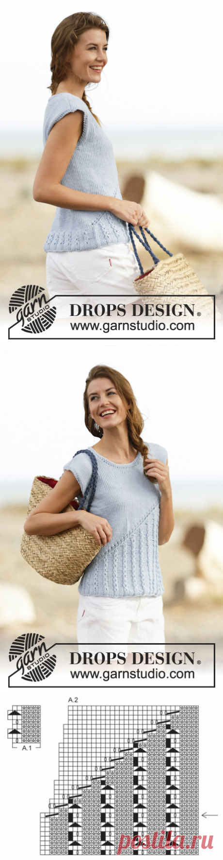 Bris - Top de punto DROPS con patrón de calados y línea diagonal, en “Paris”. Talla: S – XXXL. - Free pattern by DROPS Design