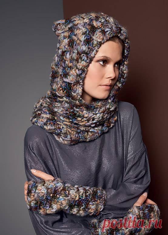 Модель для вязания Снуд с капюшоном и митенки На сайте Люди Вяжут представлена модель №2#43;3 из журнала OLYMPIA GOLD, пряжа Olympia Gold. Приведена инструкция по вязанию для размера: снуд - высота 15 см × обхват 122 см, митенки - 22 см в обхвате × 26 см длиной. Инструменты:круговые спицы № 12 длиной 120 см; набор чулочных спиц № 10, крючок № 6. Расход дан на комплект. Для снуда с капюшоном Вам потребуется 200 гр, для митенок - примерно 70 гр пряжи Olympia Gold.