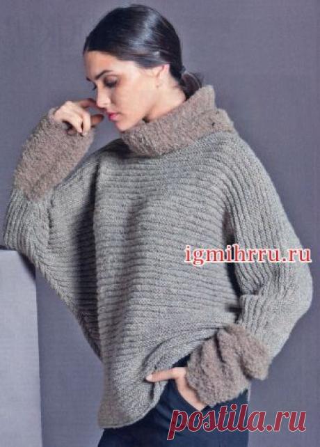 Просторный шерстяной свитер с воротником и манжетами из мини букле. Вязание спицами