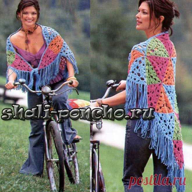 Шаль из разноцветных треугольных мотивов