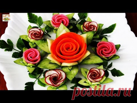 Элегантный гарнир из моркови и редиса Розовые цветы с рисунками восковой тыквы, огурца и кинзы!