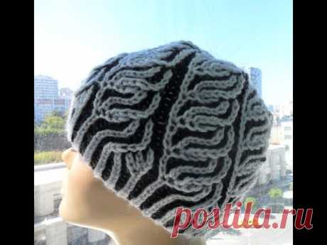 Шапка спицами" Бриошь" 2 часть( вяжем узор) brioche hat (Шапка #12)