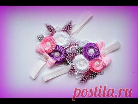Повязка Цветы Канзаши Мастер-класс / Kanzashi Flowers Band Tutorial, DIY