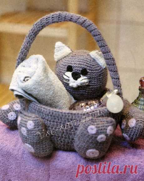 Кот-корзиночка для ванной - Игрушки, сувениры крючком