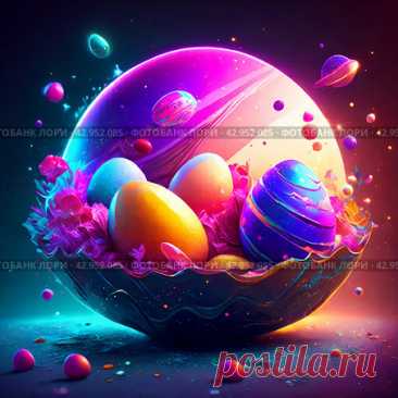 A colorful egg basket with a variety of eggs surrounded by a colorful background. Concept of creativity and playfulness. AI generative art. Редакционное AI-изображение, AI-художник Ilaronsia / Фотобанк Лори