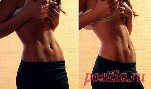 Плоский животик:
Ножницы 
Подними обе ноги вверх и выпрями. Затем опусти левую ногу как можно ниже к полу, но не касайся его. Приподними голову и плечи и ухватись правой рукой за правую ногу, осторожно потянув ее на себя. Поменяй ноги и повтори движения с другой стороны. Выполни 10 раз без остановок. 
Подъем бёдер 
Подними ноги вверх и положи руки вдоль тела ладонями вниз. Вдохни и напряги мышцы живота. На выдохе приподними бедра от пола, удерживая ноги все так же ровно. Повтори 10 раз.