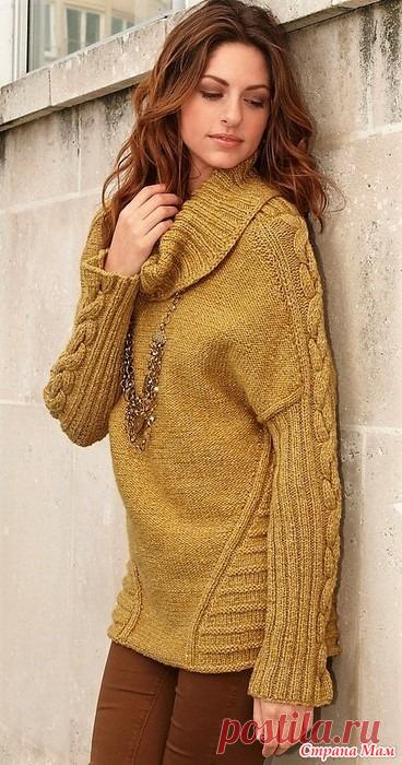 Удлиненный свитер с «косами» на рукавах. Спицы. Элегантный силуэт этого свитера подчеркнут несложными, но эффектными узорами  Размеры 38/40, 42/44 и 46/48  Вам потребуется