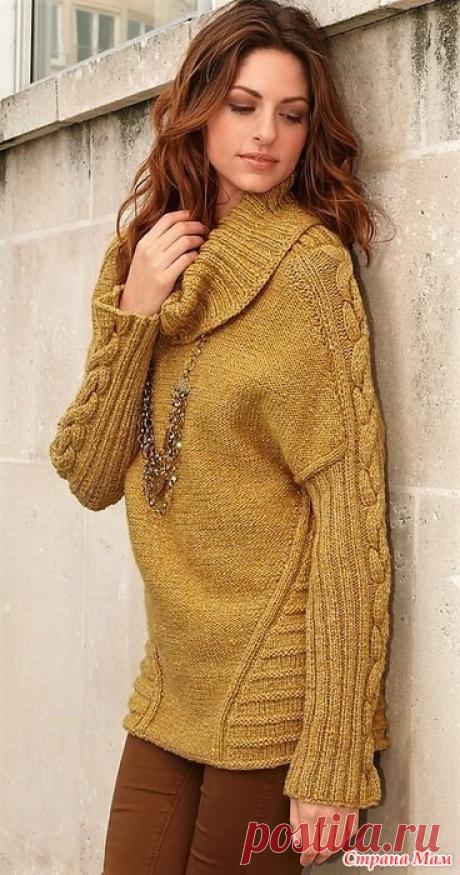 Удлиненный свитер с «косами» на рукавах. Спицы. Элегантный силуэт этого свитера подчеркнут несложными, но эффектными узорами  Размеры 38/40, 42/44 и 46/48  Вам потребуется