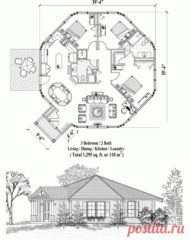 Topsider Homes Online House Plan: 1295 sq. ft., 3 Bedrooms, 2 Baths, Patio Collection (PT-0523) by Topsider Homes.
