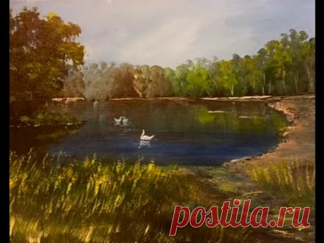 Как Акрилом  рисовать деревья,траву, озеро. Лессировка. How to paint Trees, Lake, Grass in acrylic