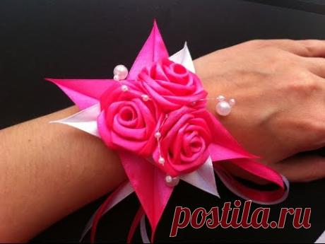 Браслет Канзаши / Розовые розочки / Pulsera De Kanzashi / Kanzashi Bracelet - YouTube