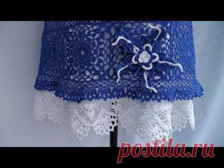 Вязаная юбка крючком с подъюбником из льна, обвязанным кружевной каймой. Обзор готовой работы.