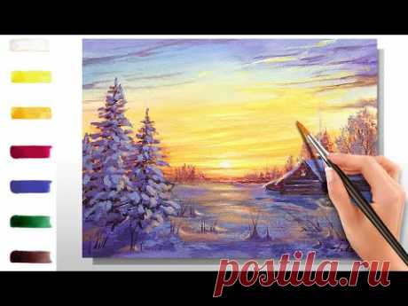 Зимний коттедж. Вечер. Как нарисовать пейзаж🎨АКРИЛ! Сезон 10-14 | Мастер-класс ДЕМО